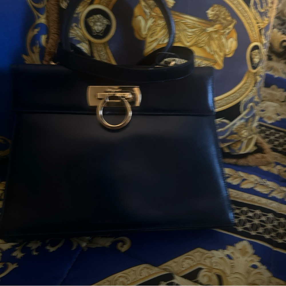 Salvatore Ferragamo Gancini Navy Blue Leather Top-Handle Crossbody